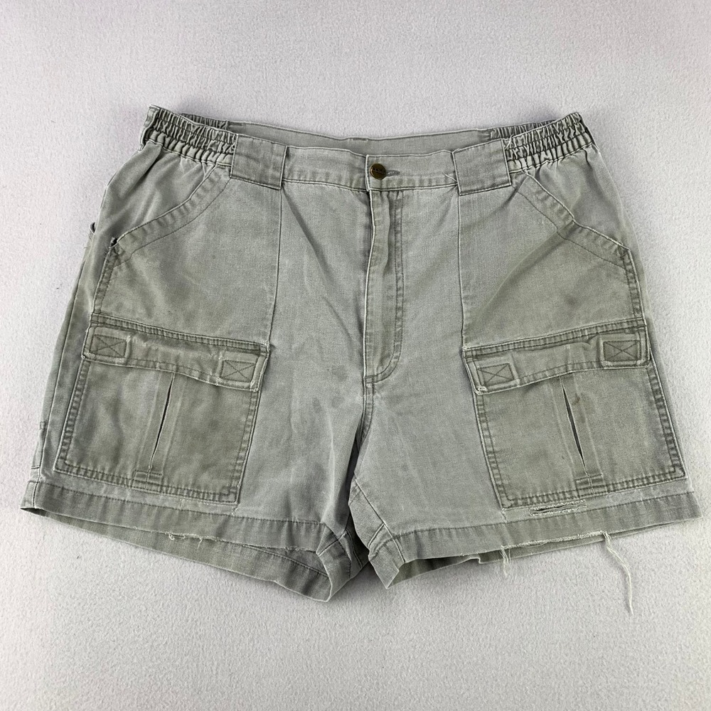 VTG LL Bean Stand Up Cargo Shorts Mens 36 Gray Canvas Elastic Waist‎ Cotton